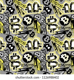  Bitcoin doodle style seamless funky pattern, digital currency symbol. Hype trendy cartoon hand drawn motifs, geometric elements painted with colorful ink brush strokes