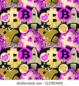 Bitcoin doodle style seamless funky pattern, digital currency symbol. Hype trendy cartoon hand drawn motifs, geometric elements painted with colorful ink brush strokes