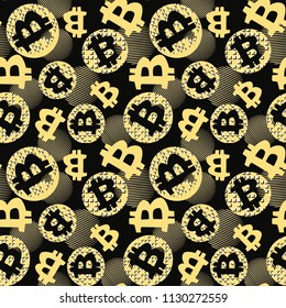 Bitcoin doodle style seamless funky pattern, digital currency symbol. Hype trendy cartoon hand drawn motifs, geometric elements painted with colorful ink brush strokes