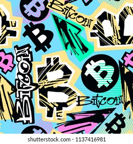  Bitcoin doodle style seamless funky pattern, digital currency symbol. Hype trendy cartoon hand drawn motifs, geometric elements painted with colorful ink brush strokes