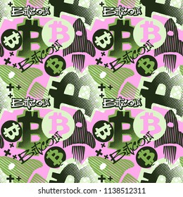 Bitcoin doodle style seamless funky pattern, digital currency symbol. Hype trendy cartoon hand drawn motifs, geometric elements painted with colorful ink brush strokes