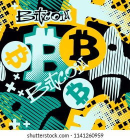 Bitcoin doodle style seamless funky pattern, digital currency symbol. Hype trendy cartoon hand drawn motifs, geometric elements painted with colorful ink brush strokes