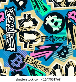  Bitcoin doodle style seamless funky pattern, digital currency symbol. Hype trendy cartoon hand drawn motifs, geometric elements painted with colorful ink brush strokes