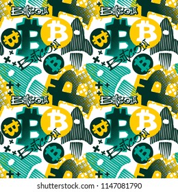 Patrón funky sin fisuras del estilo del garabato de Bitcoin, símbolo digital de la moneda. Motivos dibujados a mano de dibujos animados de moda, Elementos geométricos pintados con pinceladas de tinta de colores