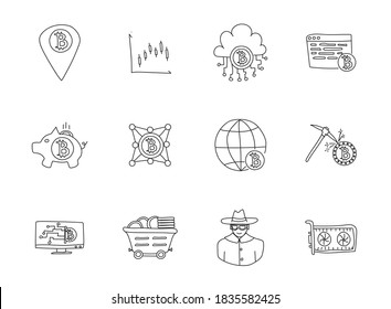 Bitcoin-Doodles einzeln auf Weiß. Bitcoin-Icon-Set für Webdesign, Benutzeroberfläche, mobile Apps und Druck