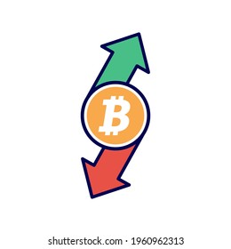 Bitcoin flecha arriba y abajo. Concepto de crisis de moneda criptográfica. Riesgo de moneda digital.