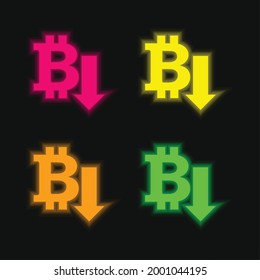 Bitcoin Down Arrow four color glowing neon vector icon