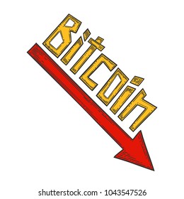 Bitcoin down and decrease stock vector image, digital currency, cryptocurrency money, bitcoin symbol. Doodle and engraved style illustration, hand drawn. Isolated on white background.