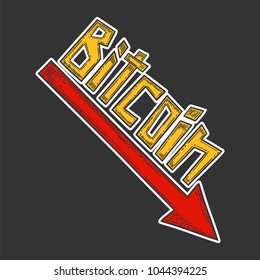 Bitcoin down and decrease stock vector image, digital currency, cryptocurrency money, bitcoin symbol. Doodle and engraved style illustration, hand drawn