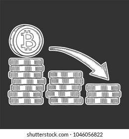 Bitcoin down and decrease stock vector image, digital currency, cryptocurrency money, bitcoin symbol. Doodle and engraved style illustration, hand drawn.