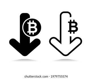 Icono de bitcoin hacia abajo. Gráfica de disminución de criptodivisa. Gráfico de caída de BTC. Gráfica cayendo. Vector de ilustración