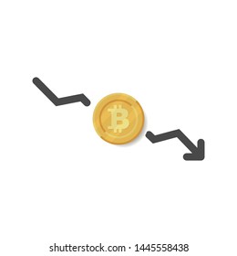 Bitcoin down illustration with arrow icon. Vector illustration