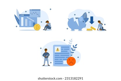 bitcoin downtrend illustration set. characters seen downtrend in bitcoin and news that lowers the value of the asset. bitcoin fluctuation concept. vector illustration.