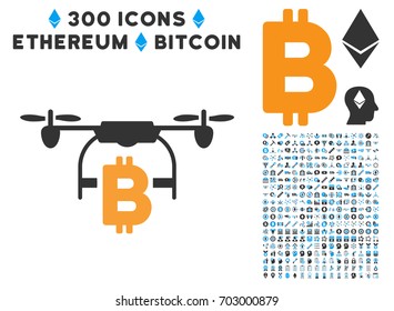Bitcoin Drone Delivery icon with 300 blockchain, bitcoin, ethereum, smart contract images. Vector illustration style is flat iconic symbols.
