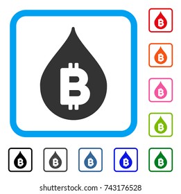 Bitcoin Drop icon. Flat gray pictogram symbol inside a light blue rounded rectangular frame. Black, gray, green, blue, red, orange color variants of Bitcoin Drop vector.