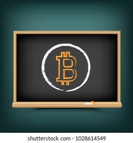 Bitcoin education drawing on school blackboard. Crypto currency lesson draw on chalkboard. Teach to mining finance. E-commerce business learning