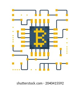 Bitcoin electronic board. Vector illustration pixel art design. Isolated on white background. Digital currency. Mining digital assets. Crypto banking.