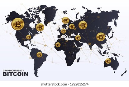 Bitcoin, electronic money. Cryptocurrency. Bitcoin on the map. Banner, Template for a web page. Vector illustration