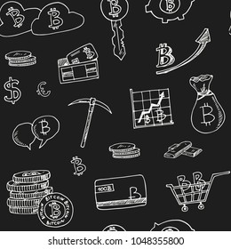 Bitcoin elements hand drawn doodle seamless pattern. Sketches. Vector illustration for design and packages product. Symbol collection.