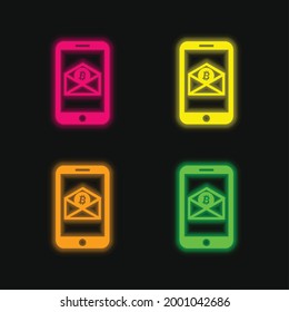 Bitcoin-E-Mail per Handy vier farbige leuchtende neunfarbige Vektorsymbol
