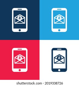 Correo electrónico de Bitcoin por teléfono móvil azul y rojo cuatro colores mínimo conjunto de iconos
