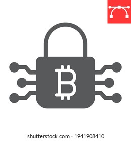 Bitcoin encryption glyph icon, cryptocurrency and protection, bitcoin padlock vector icon, vector graphics, editable stroke solid sign, eps 10