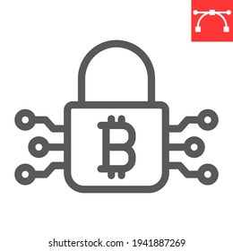 Icono de línea de cifrado de bitcoin, criptodivisa y protección, icono de vector de candado de bitcoin, gráficos vectoriales, símbolo de contorno de trazo editable, eps 10