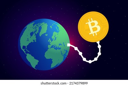 Bitcoin energy use - Vector illustration of crypto currency coin sucking energy from planet earth