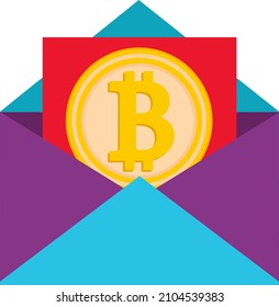Bitcoin and the envelope. Bitcoin in the mail. An envelope with cryptocurrency. Flat vector illustration on a white background.