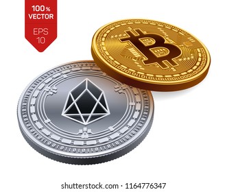 Bitcoin and EOS. 3D isometric Physical coins. Digital currency. Cryptocurrency. Silver coin with EOS symbol and golden coin with Bitcoin symbol isolated on white background. Vector illustration.