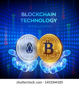Bitcoin. EOS. Blockchain. 3D Physical bit coin. Block chain concept. Golden and silver coins with Bitcoin and EOS symbol in hands. Editable Cryptocurrency template. Vector illustration.