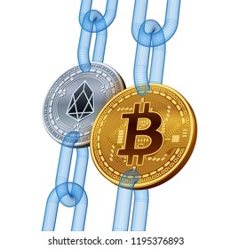 Bitcoin. EOS. Cryptocurrency. Blockchain. Golden Bitcoin and silver EOS coins with wireframe chain. 3D isometric Physical coins. Block chain concept. Editable template. Vector illustration.