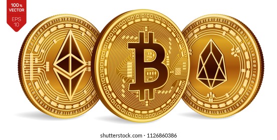 Bitcoin. Eos. Ethereum. 3D isometric Physical coins. Digital currency. Cryptocurrency. Golden coins with Bitcoin, Eos and Ethereum symbol on white background. Vector illustration.