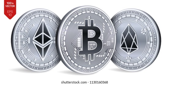 Bitcoin. Eos. Ethereum. 3D isometric Physical coins. Digital currency. Cryptocurrency. Silver coins with Bitcoin, Eos and Ethereum symbol on white background. Vector illustration.
