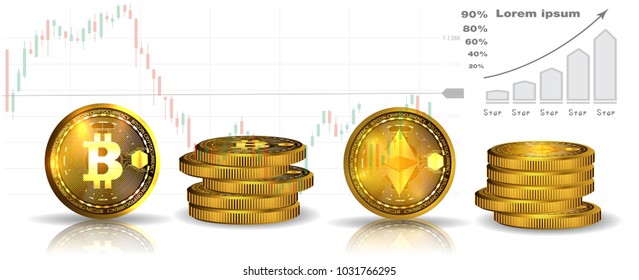 Bitcoin and Ethereum. 3D isometric Physical coins. Digital currency. Cryptocurrency. Golden and silver coins with bitcoin and ethereum symbol isolated on white background. Vector illustration.