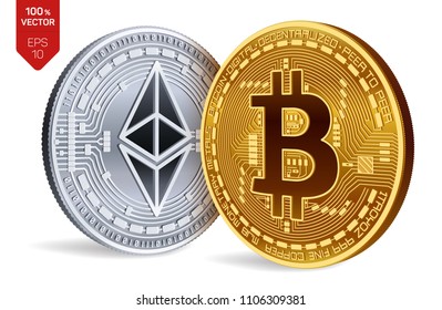Bitcoin and Ethereum. 3D isometric Physical coins. Digital currency. Cryptocurrency. Golden and silver coins with bitcoin and ethereum symbol isolated on white background. Vector illustration.