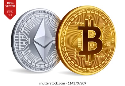 Bitcoin and Ethereum. 3D isometric Physical coins. Digital currency. Cryptocurrency. Golden and silver coins with bitcoin and ethereum symbol isolated on white background. Vector illustration.