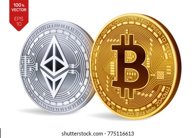 Bitcoin and Ethereum. 3D isometric Physical coins. Digital currency. Cryptocurrency. Golden and silver coins with bitcoin and ethereum symbol isolated on white background. Vector illustration.
