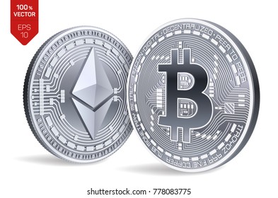 Bitcoin and Ethereum. 3D isometric Physical coins. Digital currency. Cryptocurrency. Silver coins with bitcoin and ethereum symbol isolated on white background. Vector illustration.