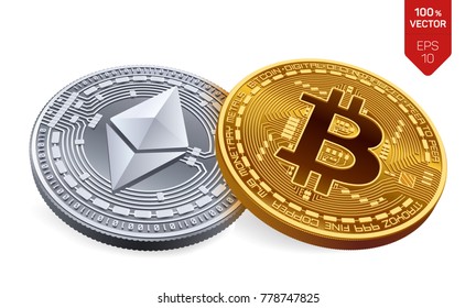 Bitcoin and Ethereum. 3D isometric Physical coins. Digital currency. Cryptocurrency. Golden and silver coins with bitcoin and ethereum symbol isolated on white background. Vector illustration.