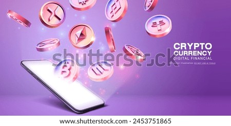 Bitcoin, Ethereum, Binance, Tether, Solana, XRP cryptocurrency with pile of coins come out from smartphone, 3D Vector illustrator, do not use ai tools