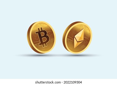 bitcoin and Ethereum closeup. golden bitcoin and Ethereum  isolated on light blue background banner for facebook and twitter post. cryptocurrency closeup view. crypto stock market concept. 