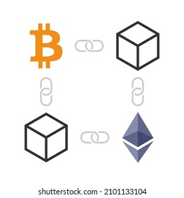 Bitcoin y Ethereum conectaron datos de enlace. criptodivisa de cadena de bloqueo 
plantilla vectorial de diseño tecnológico. Red de seguridad de contrato inteligente digital. 