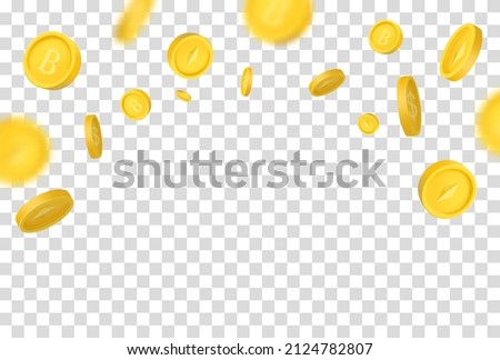 Bitcoin Ethereum cryptocurrency symbols. Rain of 3d Golden coins, Digital money splash on transparent background. Falling or flying money, digital currency payment, mining, finance concept.