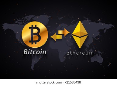 Bitcoin to ethereum currency exchange infographic template on wolrd map background