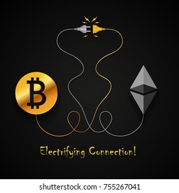 Bitcoin and ethereum electrifying connection background