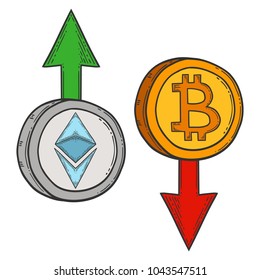 Bitcoin and ethereum growth and increase stock vector image, digital currency, cryptocurrency money, bitcoin symbol. Doodle and engraved style illustration, hand drawn. Isolated on white background.
