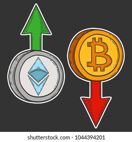 Bitcoin and ethereum growth and increase stock vector image, digital currency, cryptocurrency money, bitcoin symbol. Doodle and engraved style illustration, hand drawn.