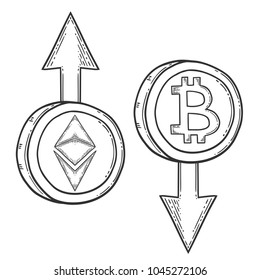Bitcoin and ethereum growth and increase stock vector image, digital currency, cryptocurrency money, bitcoin symbol. Doodle and engraved style illustration, hand drawn. Isolated on white background.