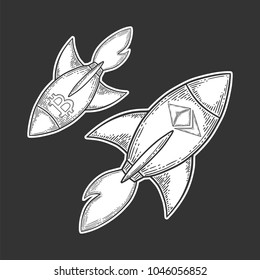 Bitcoin and ethereum growth and increase stock vector image, digital currency, cryptocurrency money, bitcoin symbol. Doodle and engraved style illustration, hand drawn.